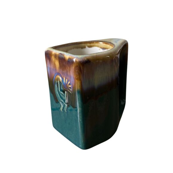 Signed Vintage‎ Mexican Pottery Padilla Kokopelli Flat Mug Drip Glaze Green Blue - Picture 16 of 16